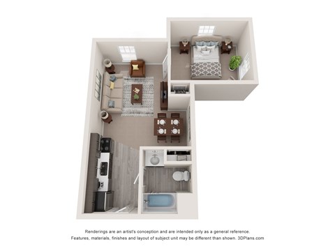 Floor plan for 1 bed, 1 bath, 570 sqft